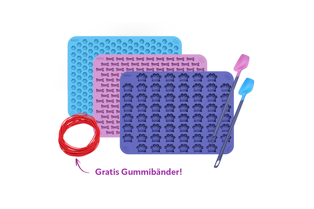 Backmatte Blume, Knochen und Krone mit Restelöffel Tenya in lila-grau und hellblau-royalblau und roten Gummiringen.